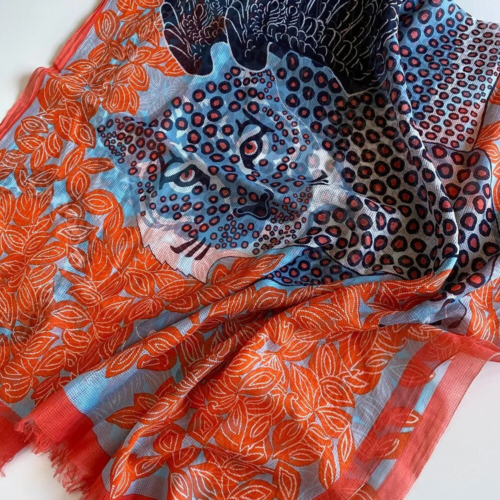 Inouitoosh Cotton and Silk Wing Cheetah Orange Blue Scarf 78"x38" - Picture 1 of 8